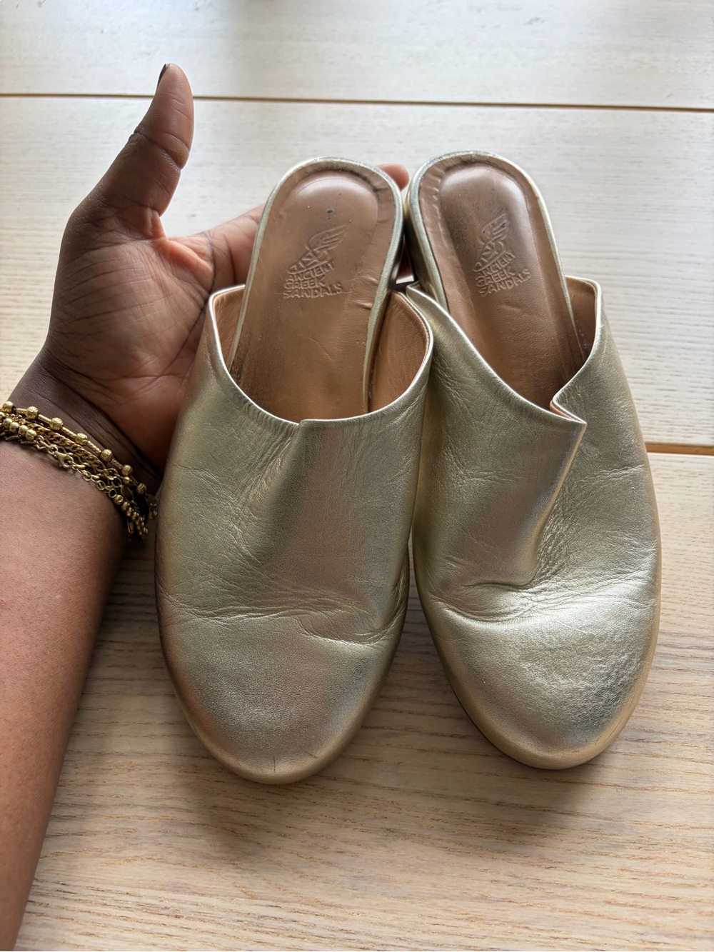 Ancient Greek sandals Leather Metallic Gold Slip-On Mules